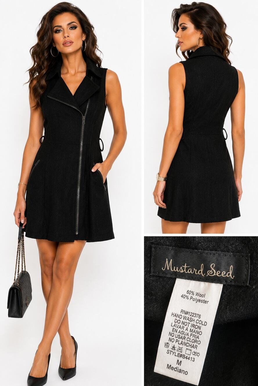 Mustard Seed Black Wool Blend Moto Dress Womens Medium Sleeveless Zip Mini